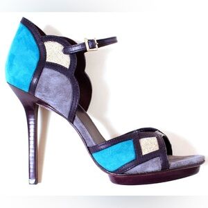Tory Burch Color Block Mixed Media Blue Gray Suede Canvas Heeled Sandals Sz 7.5